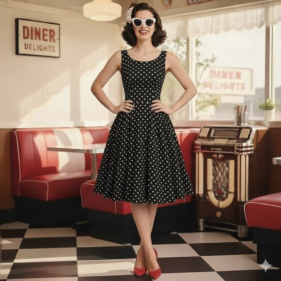 Grace Karin Polka Dot Dress Sleeveless Black White Fit and Flare Pin Up 60s Sz M - Picture 6 of 11